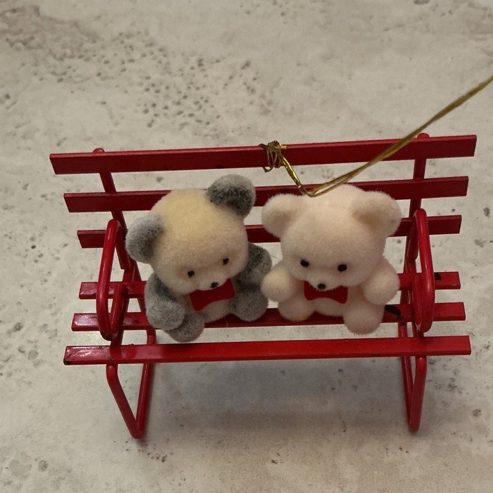 Vintage Avon Gift Collection Teddies on Bench Flocked Bear Ornament with Box